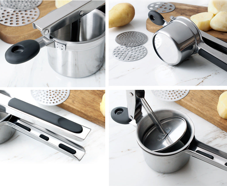 Detail collage of the stainless steel potato ricer