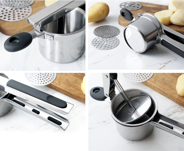 Detail collage of the stainless steel potato ricer