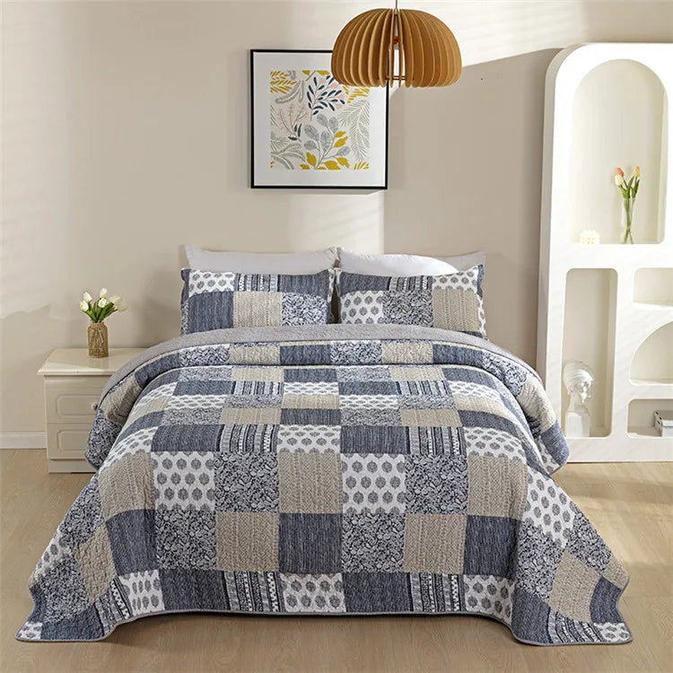 Bohemian Quilted Coverlet Set — Reversible Navy Patchwork Bedspread with Pillow Shams