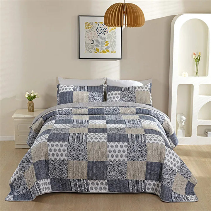 Bohemian Quilted Coverlet Set — Reversible Navy Patchwork Bedspread with Pillow Shams