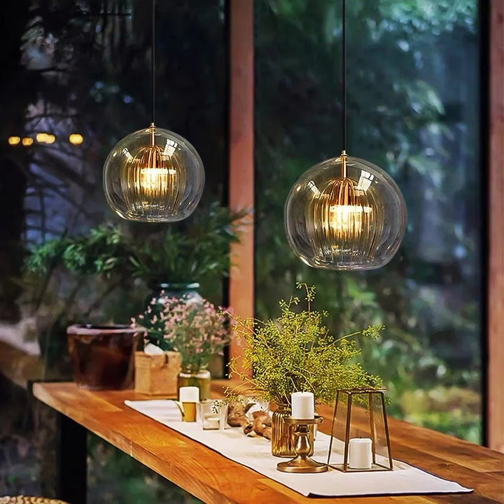 Modern Glass Pendant Light – Adjustable Hanging Kitchen Island Light, Clear or Amber Globe with Metal Fixture