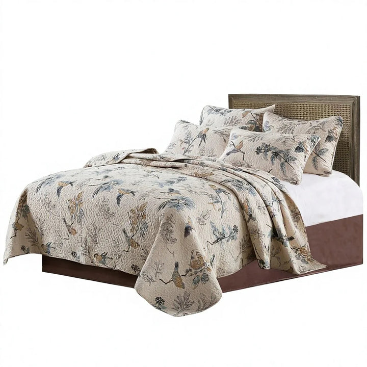 Floral Cotton Quilted Coverlet Set — Reversible Pastoral Bedspread with Pillow Shams