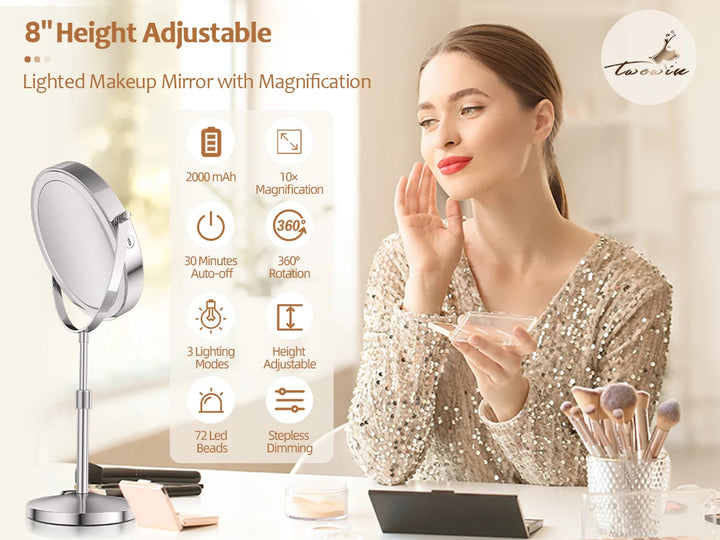 LumiGlow™ 8" Rechargeable Lighted Makeup Mirror – 1X/10X Magnification &amp; Adjustable Stand