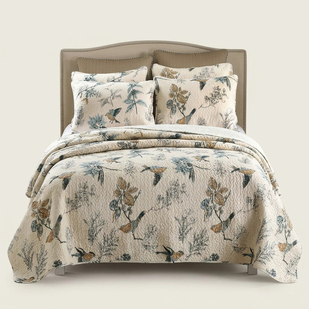 Floral Cotton Quilted Coverlet Set — Reversible Pastoral Bedspread with Pillow Shams