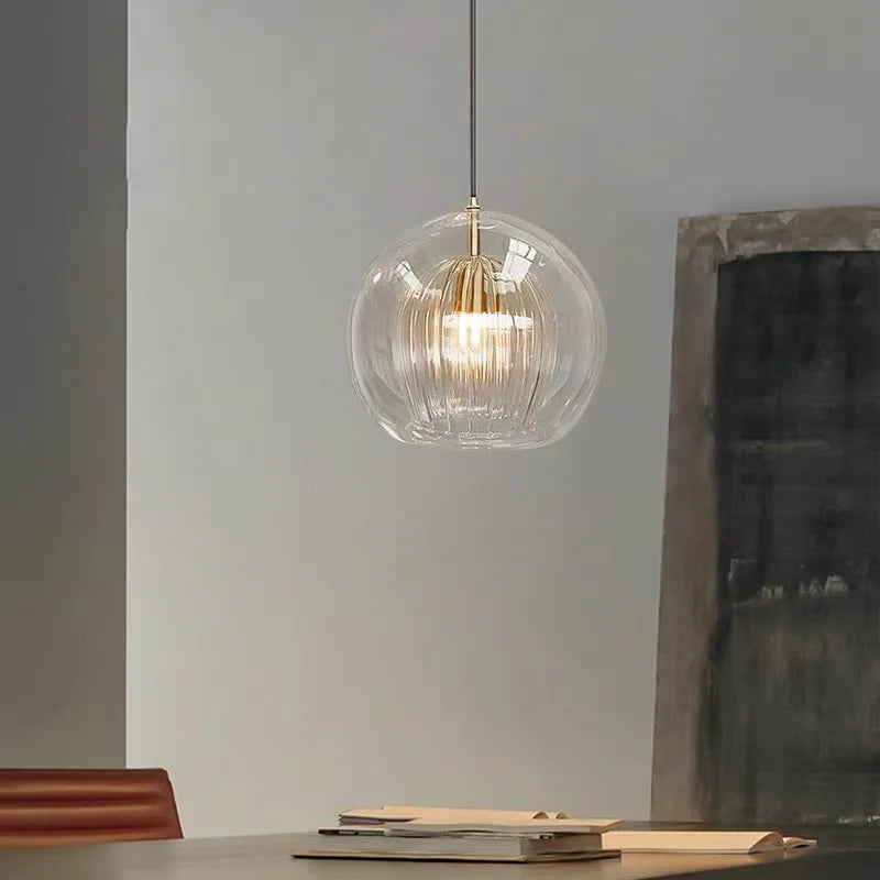 Modern Glass Pendant Light – Adjustable Hanging Kitchen Island Light, Clear or Amber Globe with Metal Fixture