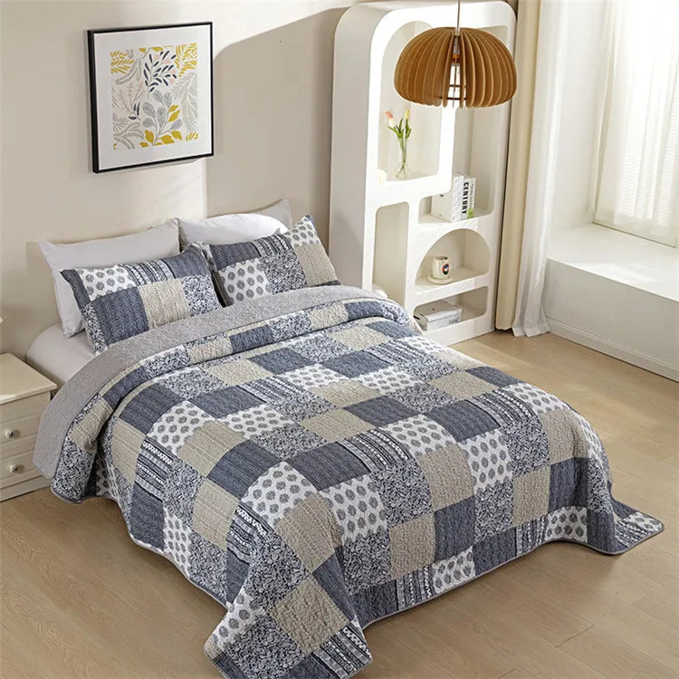 Bohemian Quilted Coverlet Set — Reversible Navy Patchwork Bedspread with Pillow Shams
