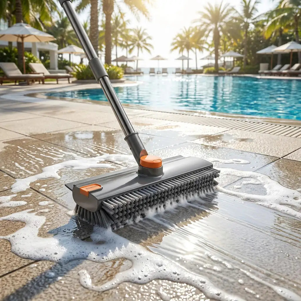 Long handle floor scrub brush cleaning tile grout lines