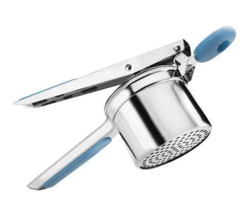 Stainless steel potato ricer with blue silicone handles
