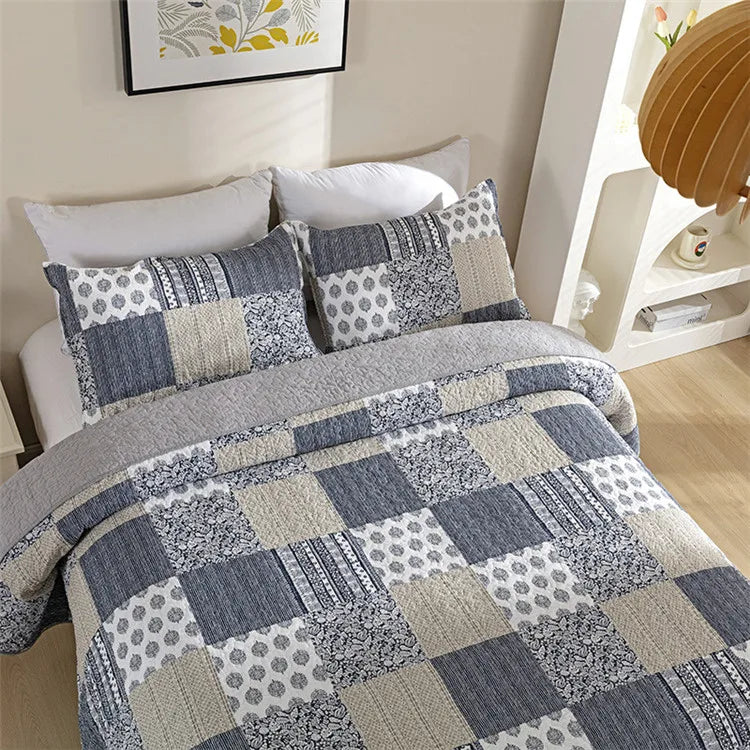 Bohemian Quilted Coverlet Set — Reversible Navy Patchwork Bedspread with Pillow Shams