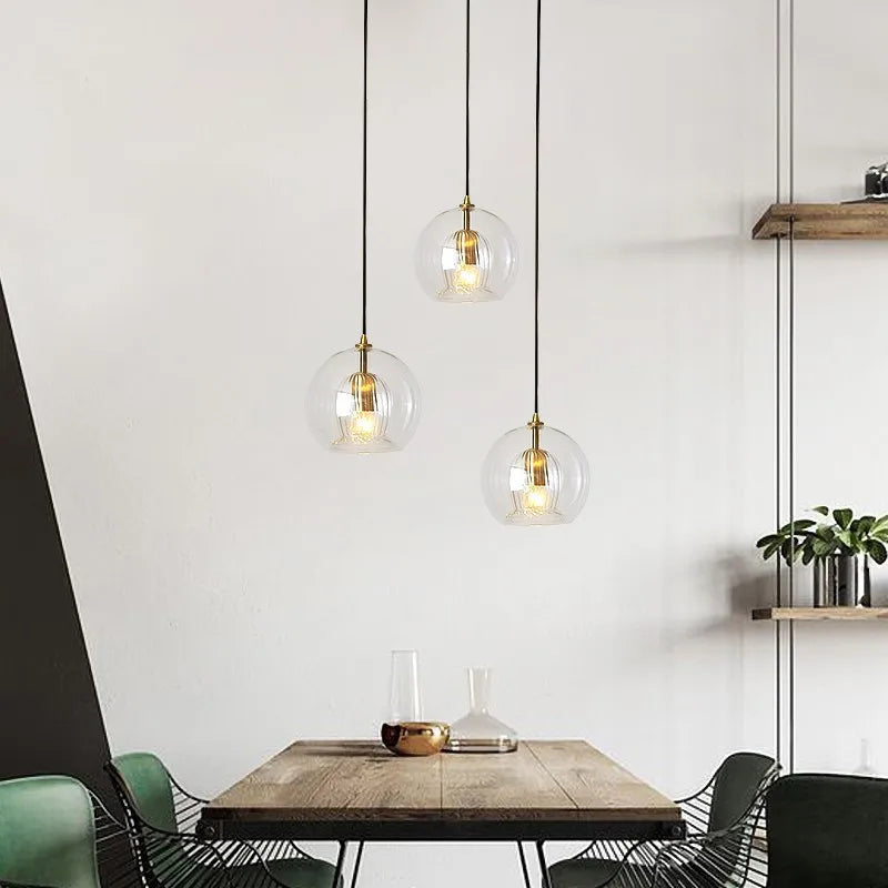 Modern Glass Pendant Light – Adjustable Hanging Kitchen Island Light, Clear or Amber Globe with Metal Fixture