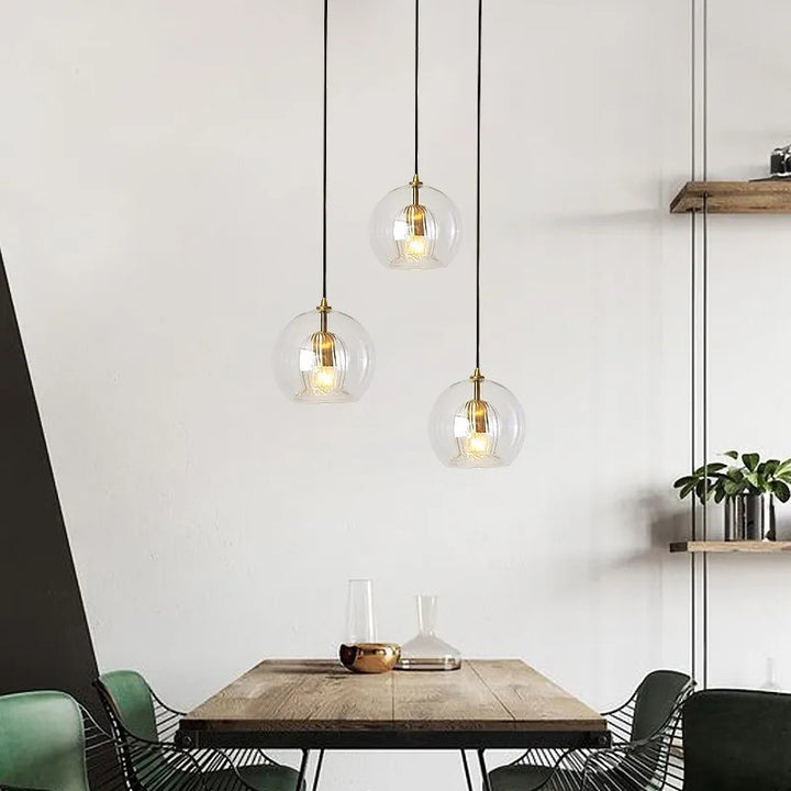 Modern Glass Pendant Light – Adjustable Hanging Kitchen Island Light, Clear or Amber Globe with Metal Fixture