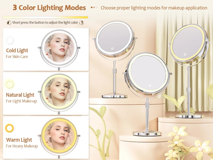 LumiGlow™ 8" Rechargeable Lighted Makeup Mirror – 1X/10X Magnification &amp; Adjustable Stand