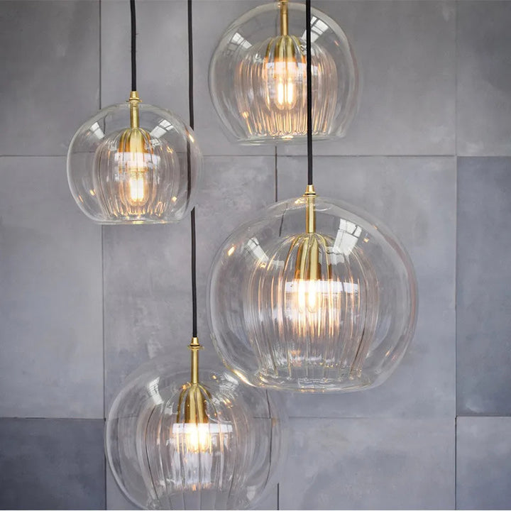 Modern Glass Pendant Light – Adjustable Hanging Kitchen Island Light, Clear or Amber Globe with Metal Fixture
