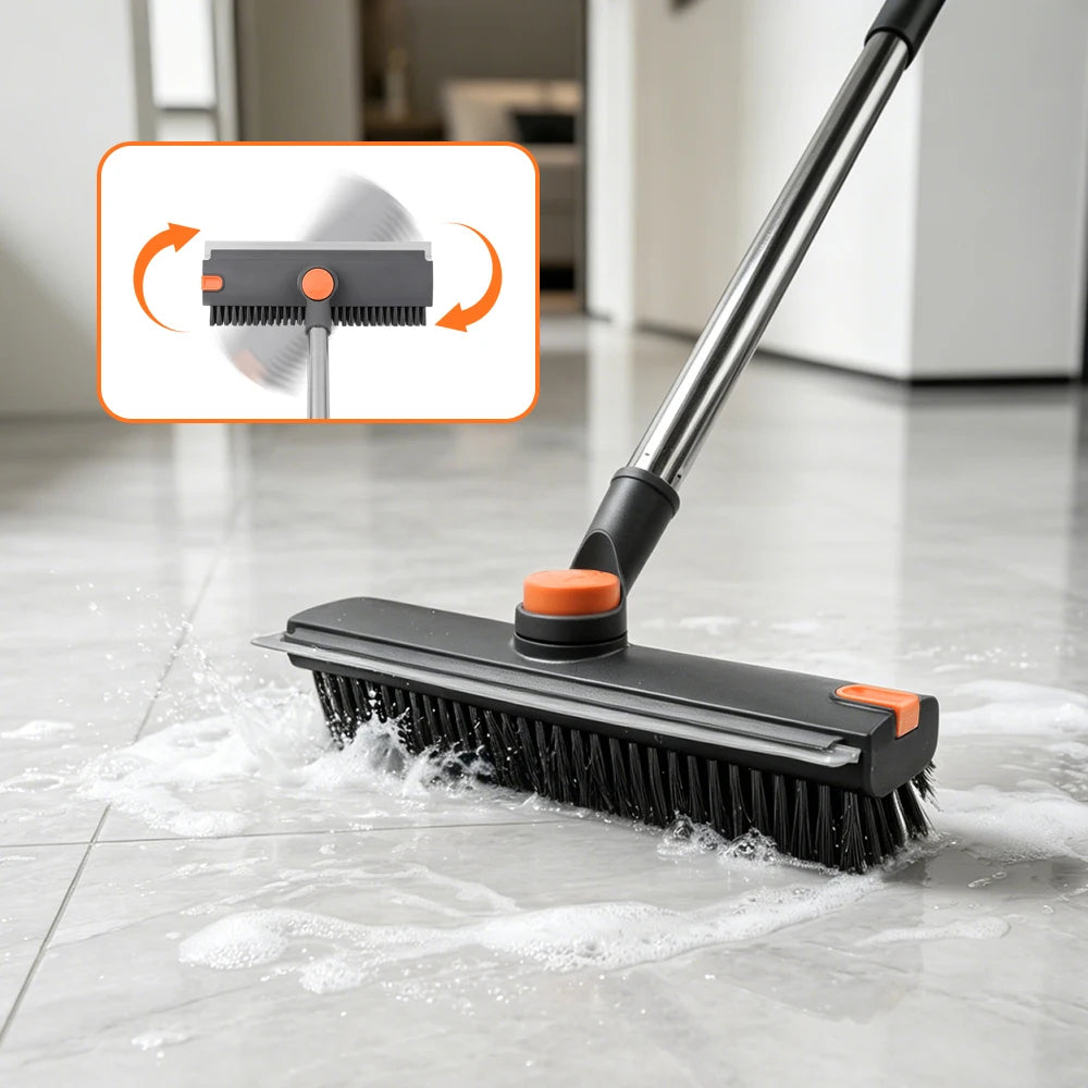 Floor scrub brush cleaning a tiled patio without bending