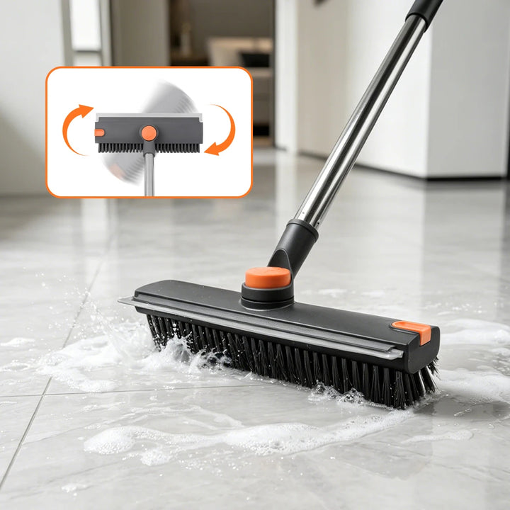 Floor scrub brush cleaning a tiled patio without bending