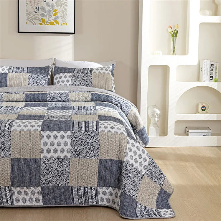 Bohemian Quilted Coverlet Set — Reversible Navy Patchwork Bedspread with Pillow Shams