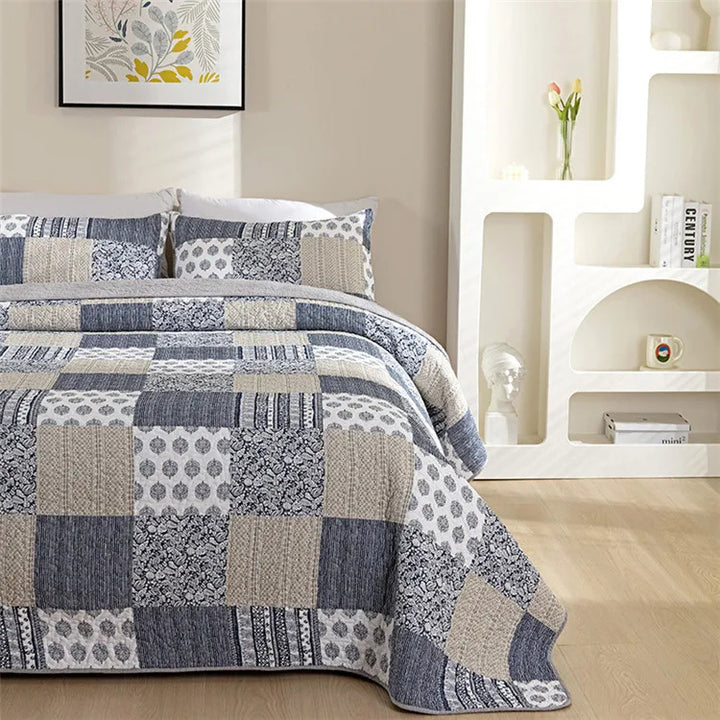 Bohemian Quilted Coverlet Set — Reversible Navy Patchwork Bedspread with Pillow Shams