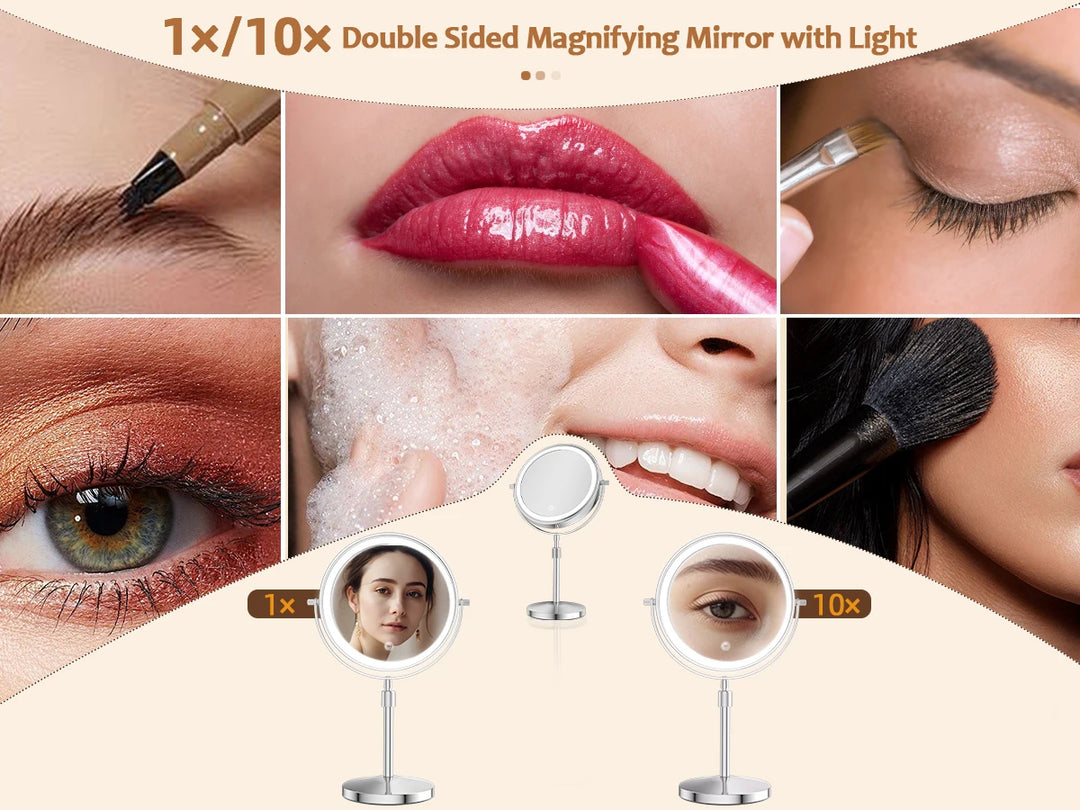 LumiGlow™ 8" Rechargeable Lighted Makeup Mirror – 1X/10X Magnification &amp; Adjustable Stand