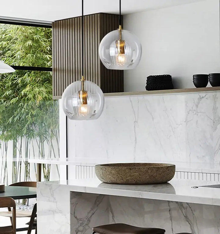 Modern Glass Pendant Light – Adjustable Hanging Kitchen Island Light, Clear or Amber Globe with Metal Fixture