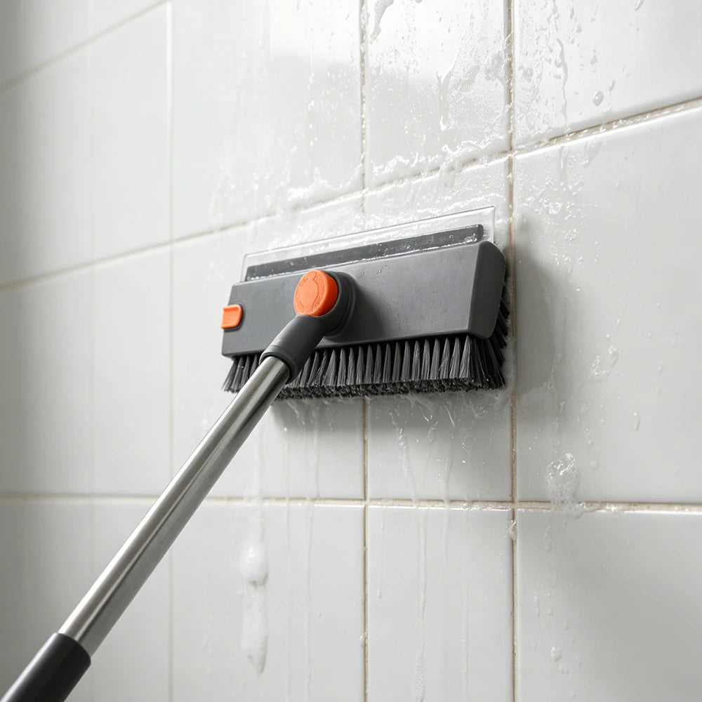 Floor scrub brush with squeegee and long handle cleaning tiles