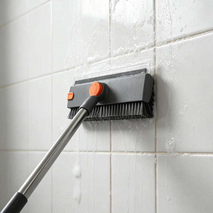 Floor scrub brush with squeegee and long handle cleaning tiles