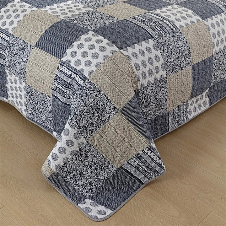 Bohemian Quilted Coverlet Set — Reversible Navy Patchwork Bedspread with Pillow Shams