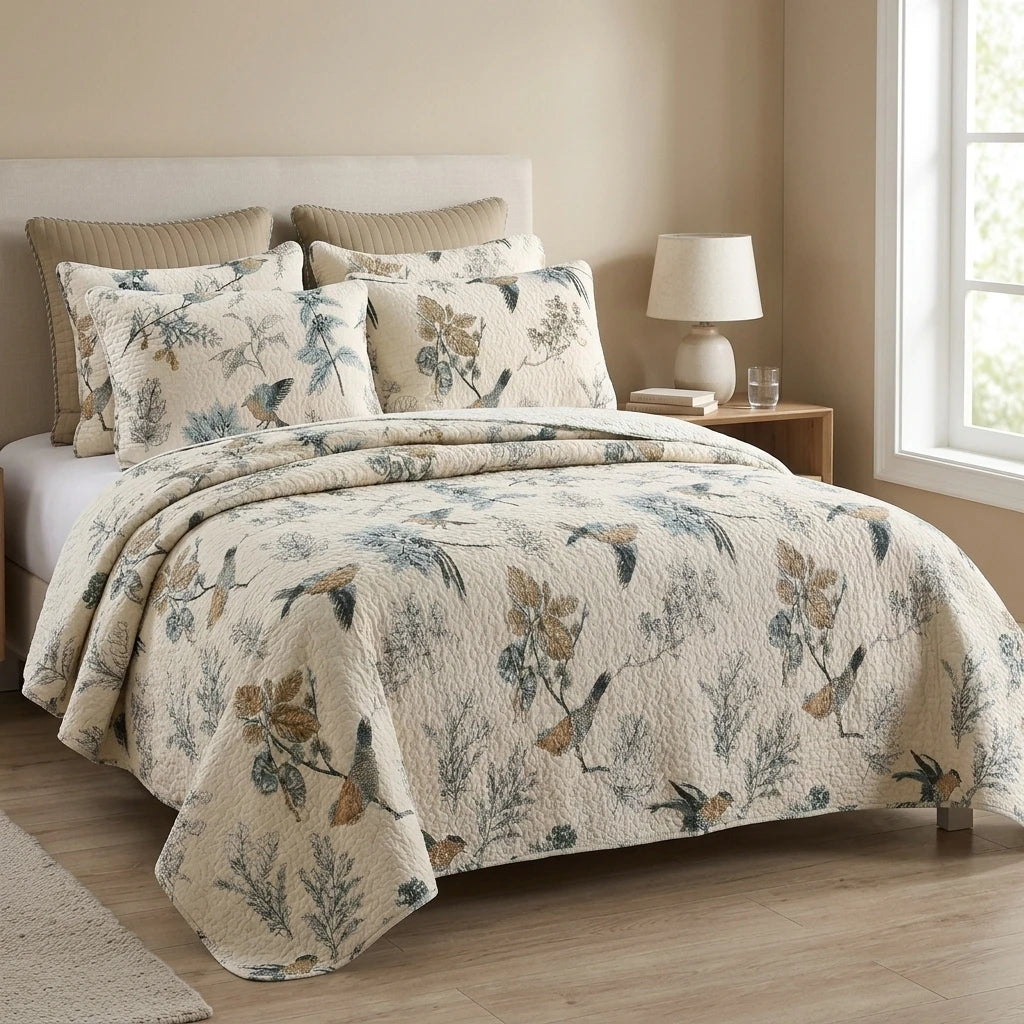 Floral Cotton Quilted Coverlet Set — Reversible Pastoral Bedspread with Pillow Shams
