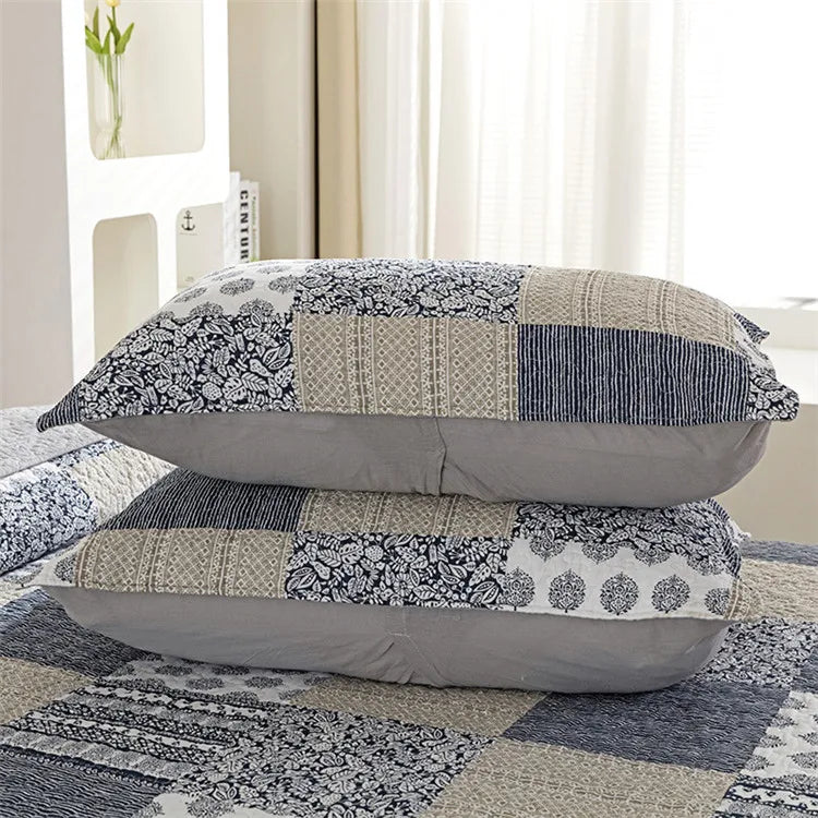Bohemian Quilted Coverlet Set — Reversible Navy Patchwork Bedspread with Pillow Shams