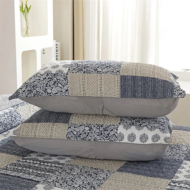 Bohemian Quilted Coverlet Set — Reversible Navy Patchwork Bedspread with Pillow Shams