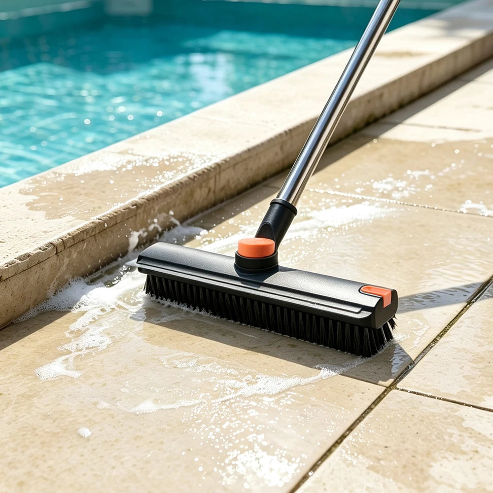 V-shaped stiff bristle brush reaching tile grout and corners
