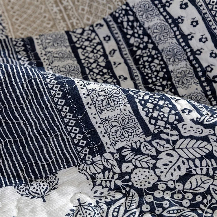 Bohemian Quilted Coverlet Set — Reversible Navy Patchwork Bedspread with Pillow Shams