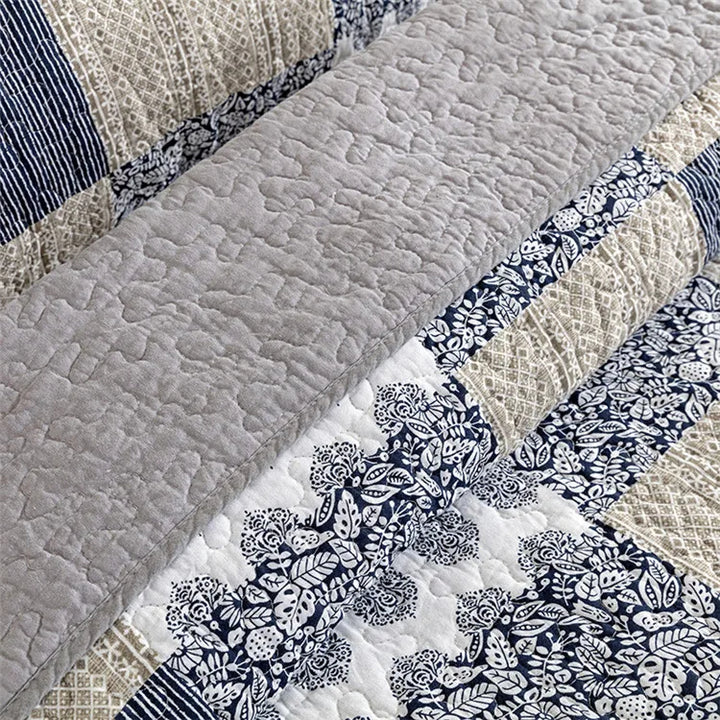 Bohemian Quilted Coverlet Set — Reversible Navy Patchwork Bedspread with Pillow Shams