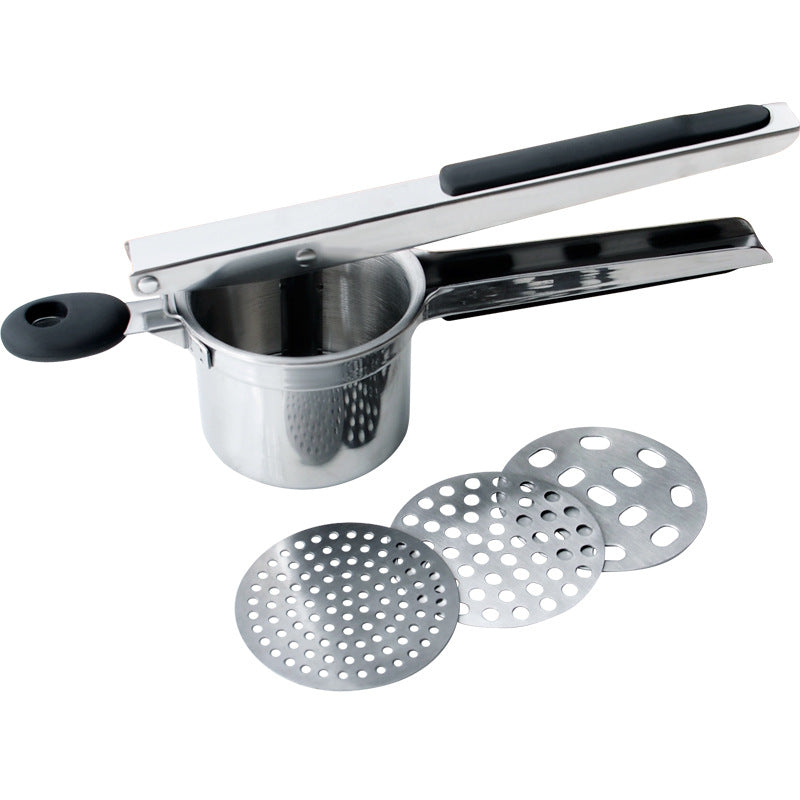 Stainless steel potato ricer with three interchangeable perforated discs