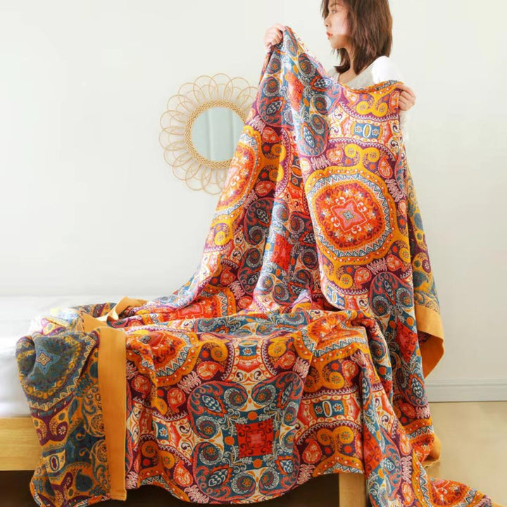 Boho Reversible Cotton Blanket - Cooling Cotton Quilt - Double-Sided Throw