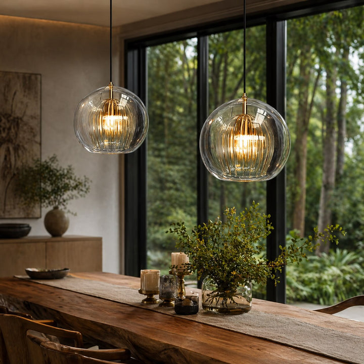 Amber glass hanging pendant light with metal fixture