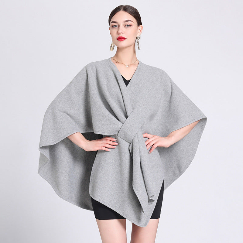 Light grey knitted poncho ruana cape wrap shawl for women
