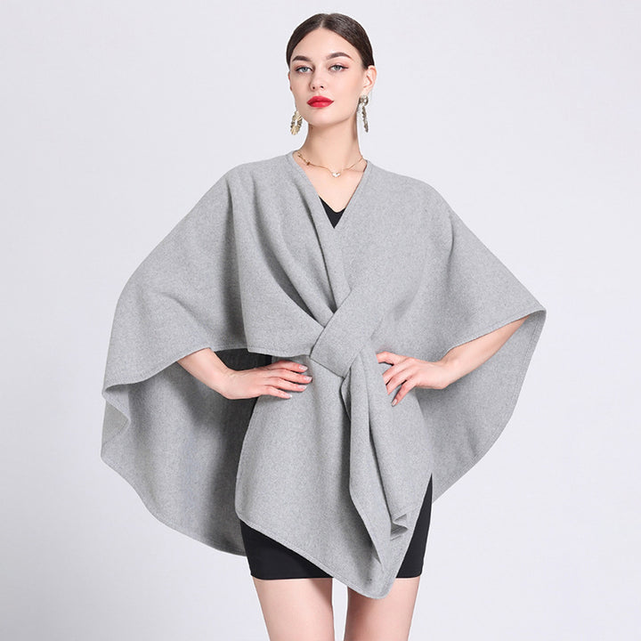 Light grey knitted poncho ruana cape wrap shawl for women