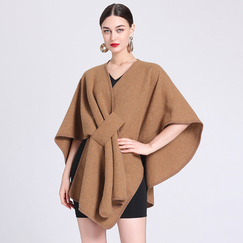 Camel knitted poncho ruana cape open front wrap shawl for women