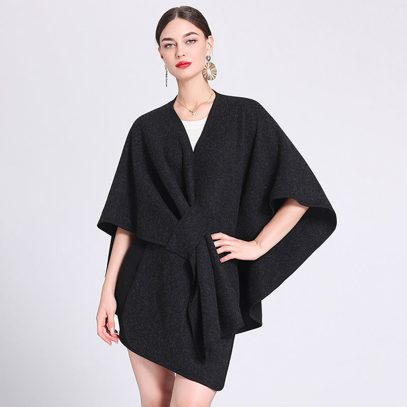 Black knitted poncho ruana cape open front wrap shawl for women