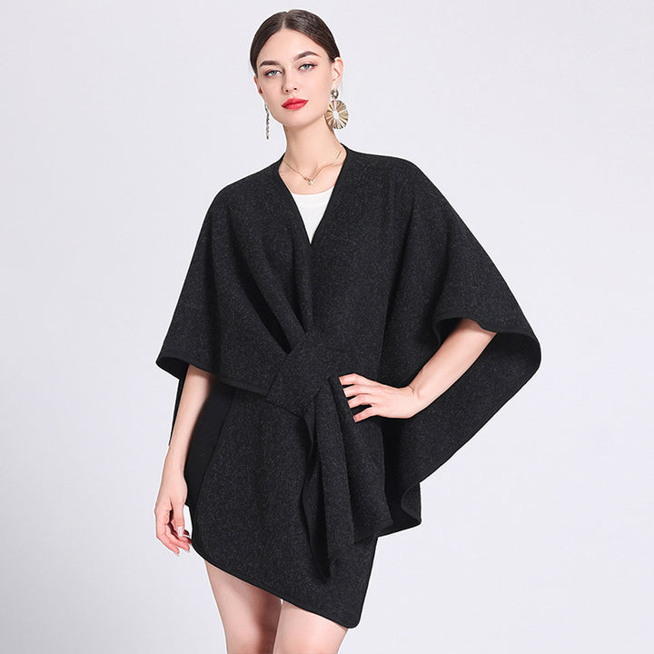 Black knitted poncho ruana cape open front wrap shawl for women