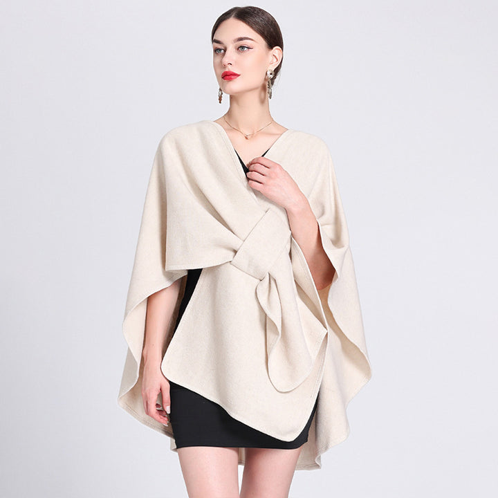 Cream knitted poncho ruana cape open front wrap shawl for women
