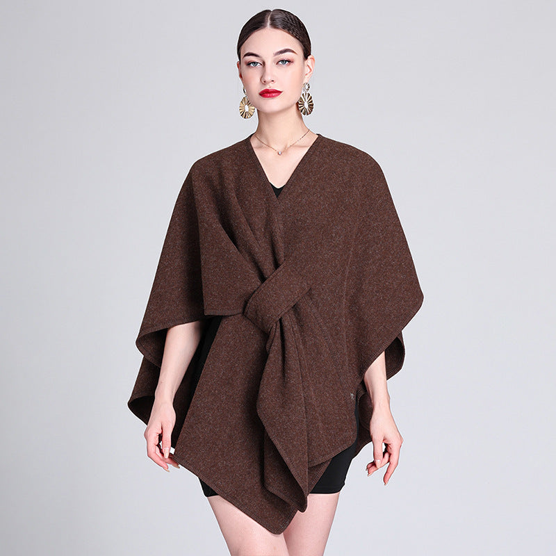 Coffee brown knitted poncho ruana cape open front cardigan for women