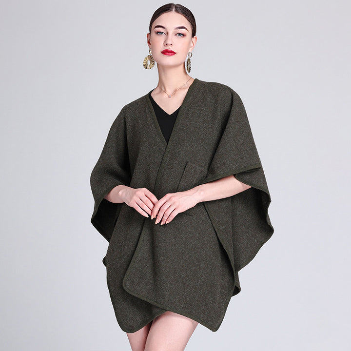 Olive green knitted poncho ruana cape wrap shawl for women