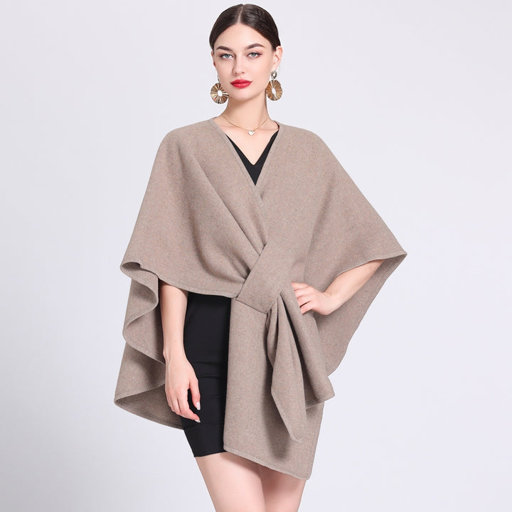 Taupe knitted poncho ruana cape open front cardigan for women