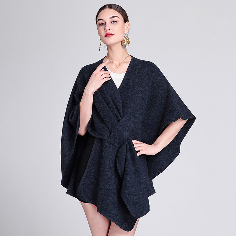 Navy knitted poncho ruana cape open front wrap shawl for women