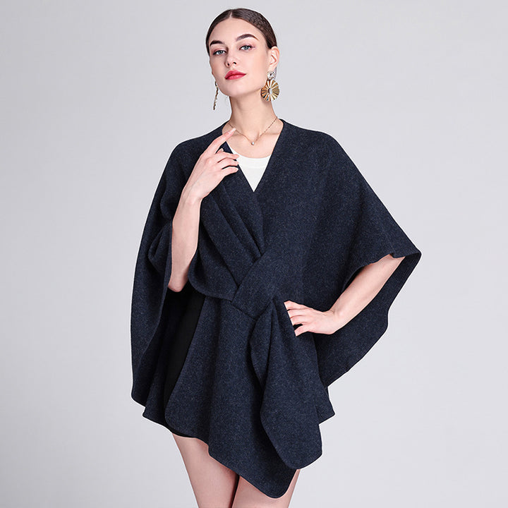 Navy knitted poncho ruana cape open front wrap shawl for women