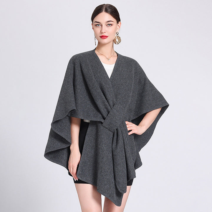 Charcoal grey knitted poncho ruana cape wrap shawl for women