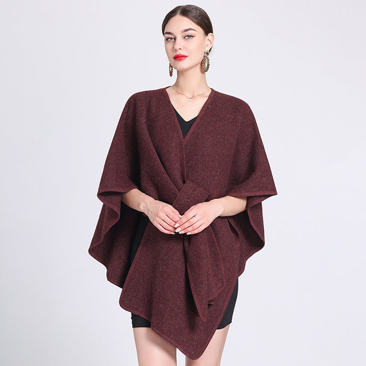 Burgundy knitted poncho ruana cape open front cardigan for women