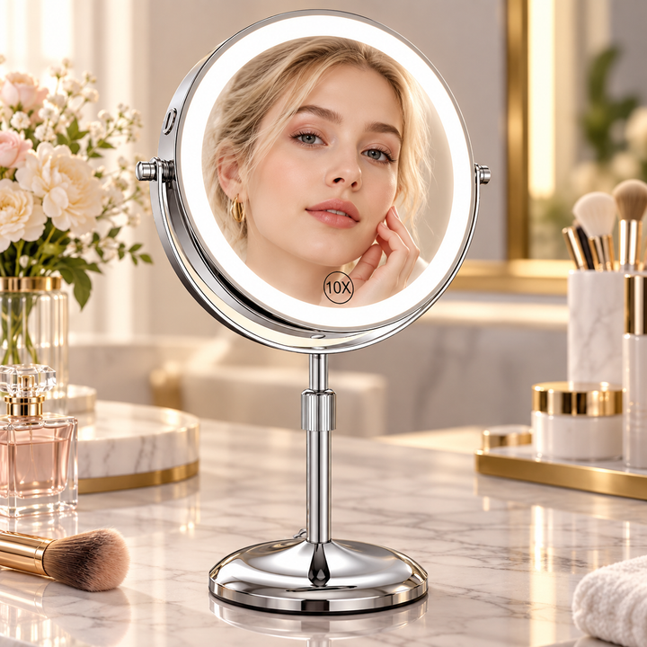LumiGlow™ 8" Rechargeable Lighted Makeup Mirror – 1X/10X Magnification &amp; Adjustable Stand