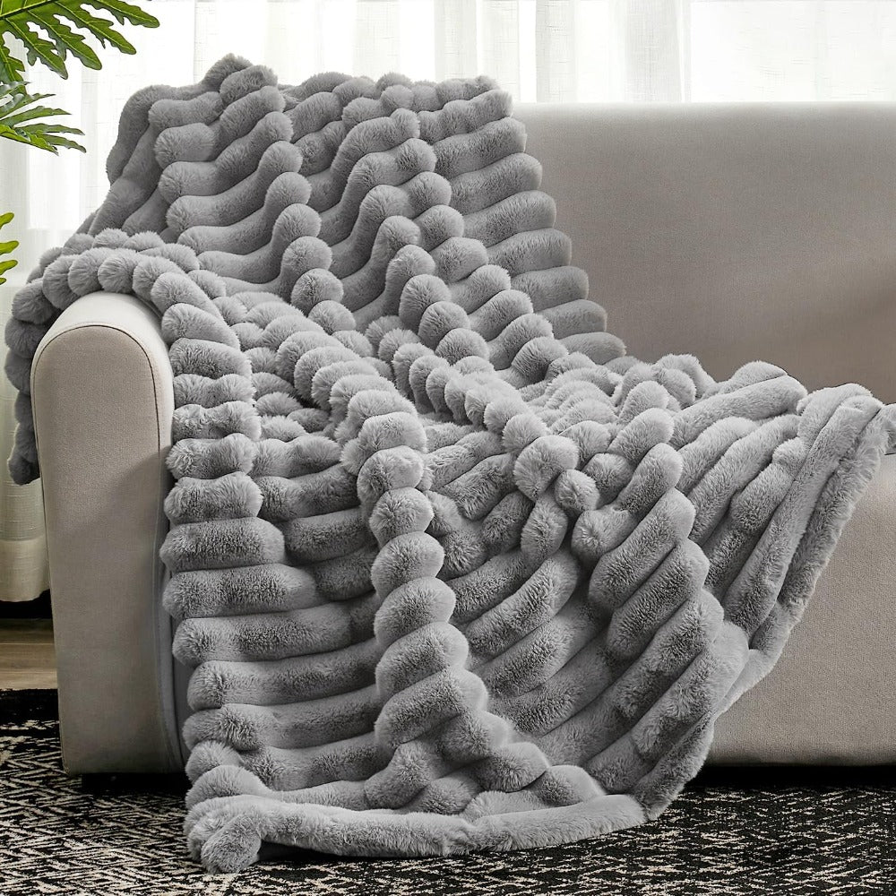 Plush Ribbed Throw Blanket - Striped Soft Blanket - All-Season Warm Throw